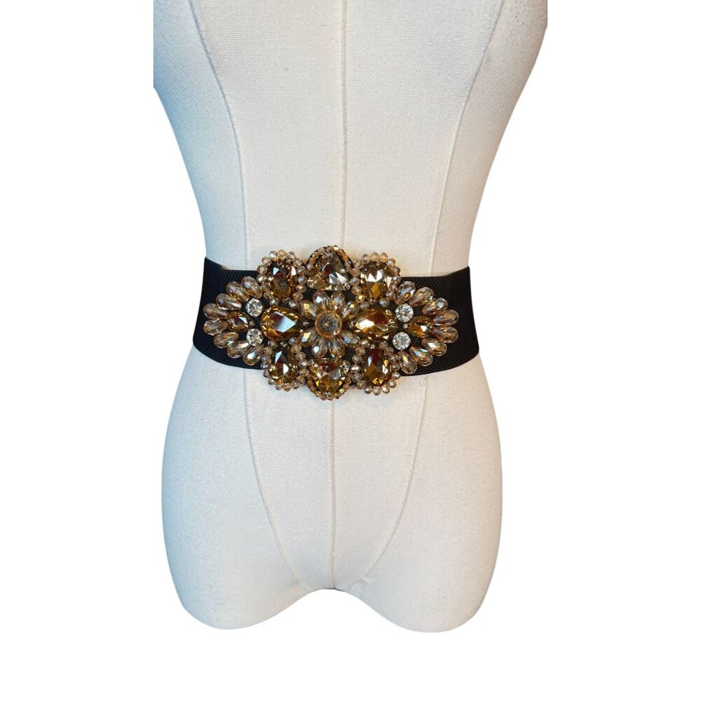 NEW 2/$30 OS Vintage Style Champagne Beige Rhinestone Floral Stretch Belt - Picture 4 of 7